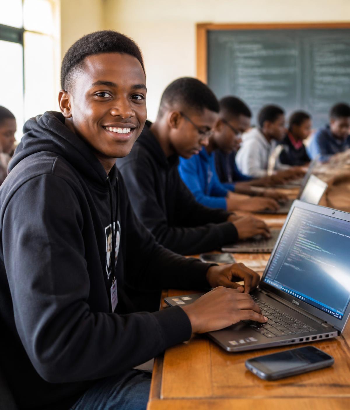 Young Rwandan students learning to code on laptops in a Kigali classroom