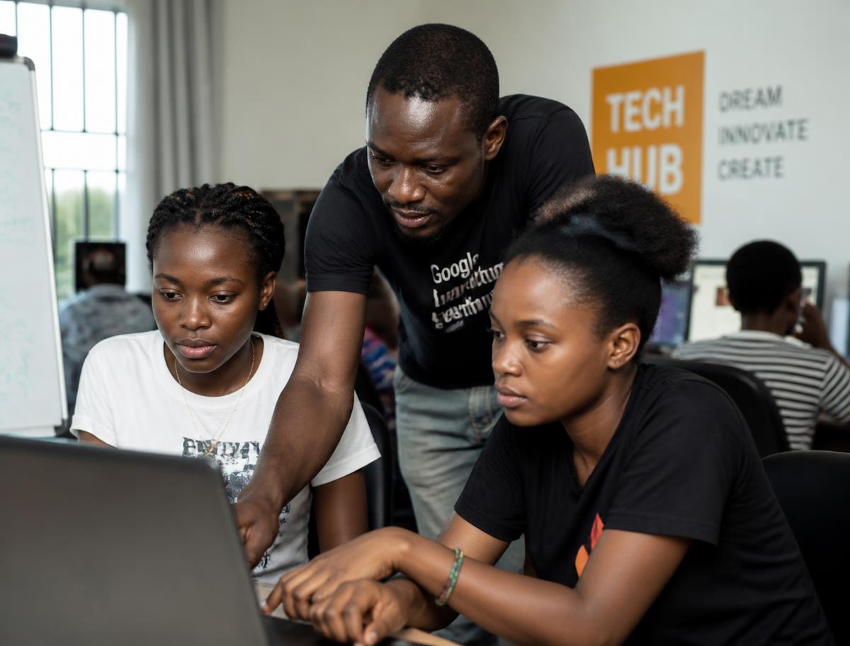 A mentor guiding two young Rwandan women through code at a community tech hub